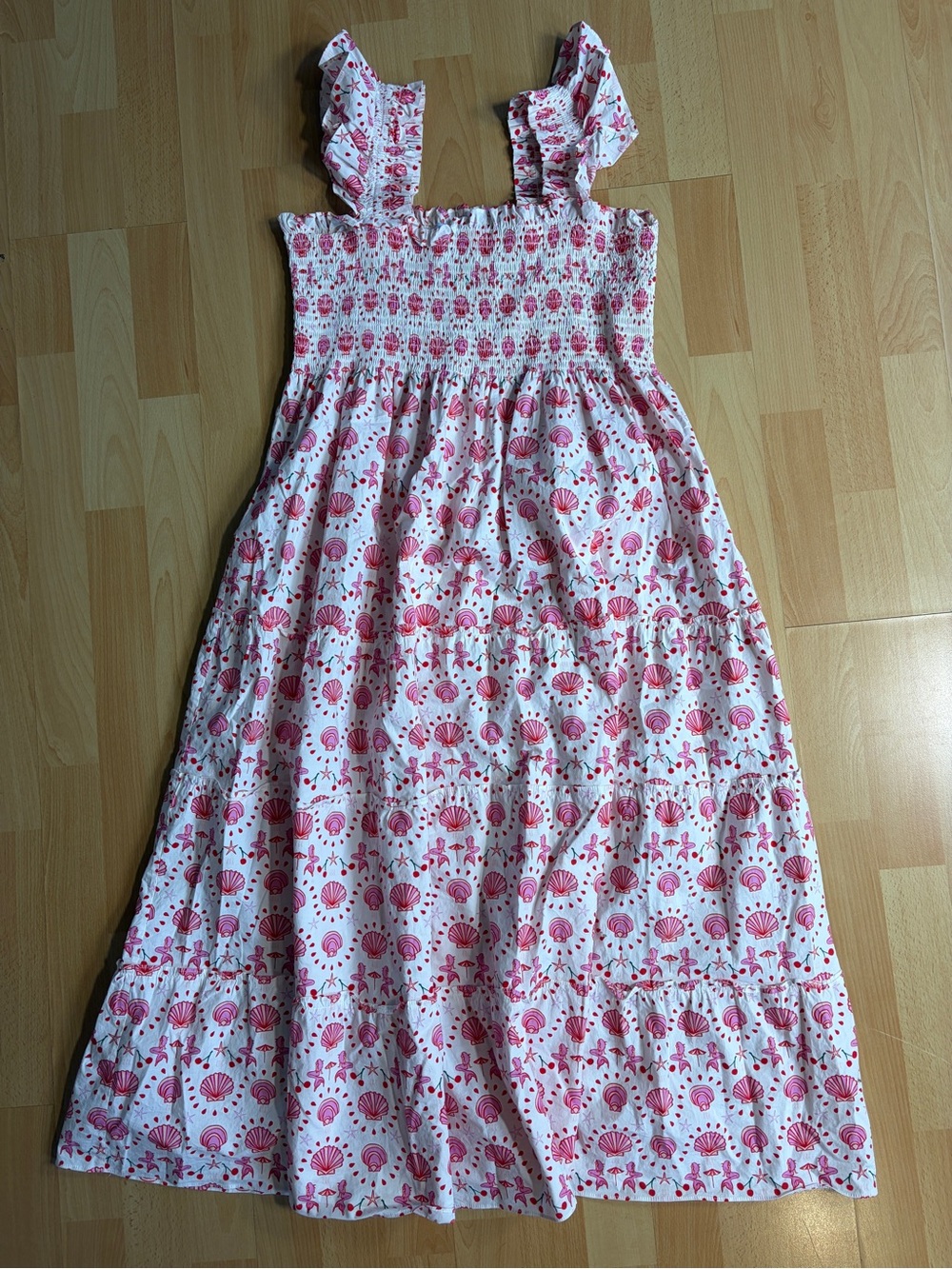 Hill House Ellie Nap Dress Pink & Red Mermaid & Shells Smocked Midi Dress Large - Picture 4 of 11